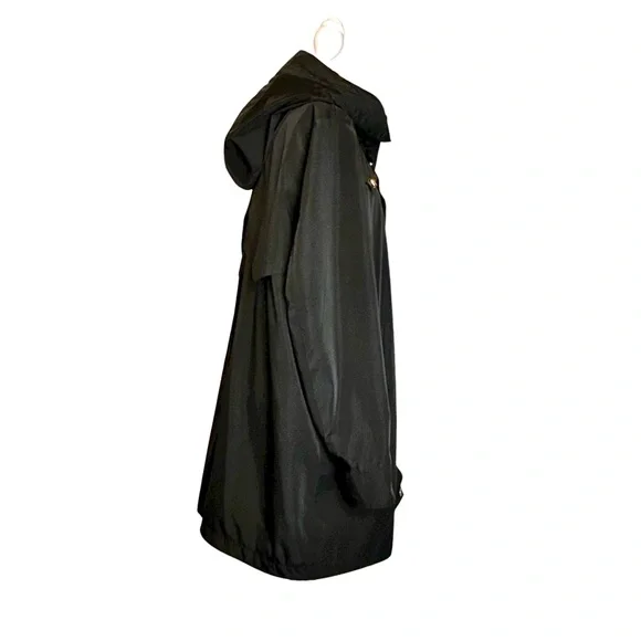 Via Spiga Black Raincoat Womens Size L Loose Fit Swing Lightweight Hooded Lined - Picture 3 of 11